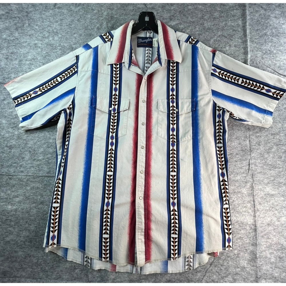 VTG WRANGLER Mens XL Shirt Southwest Short Sleeve Brushpopper Snap Front‎ FLAW